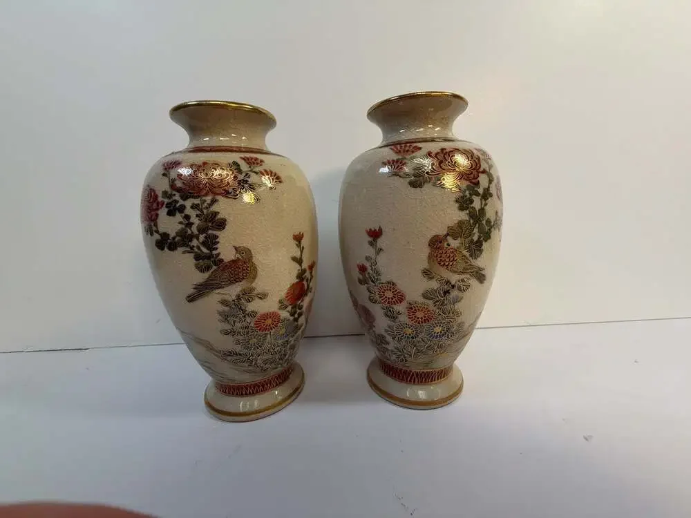 Vintage Japanese Satsuma Style Crackle Glaze Floral Bird‎ Vases Set of 2